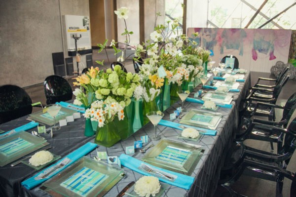 green, white & blue wedding centerpieces