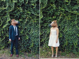 bride and groom wearing horse masks