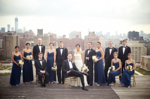 bridal party in navy on rooftop