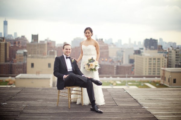 bride and groom rooftop portrait