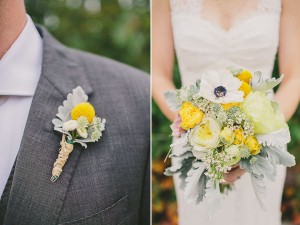 yellow and green bouquet and boutonniere