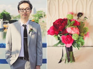 groom and pink bouquet
