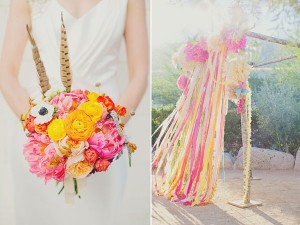bright pink and yellow bouquet and ceremony decor