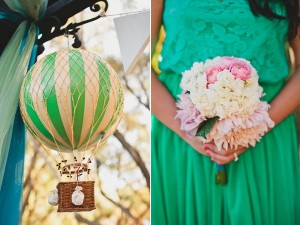 pink bouquet and green bridesmaids dress