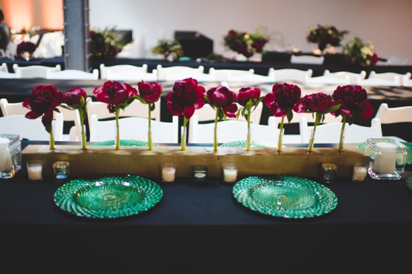 modern red, gold & green centerpiece