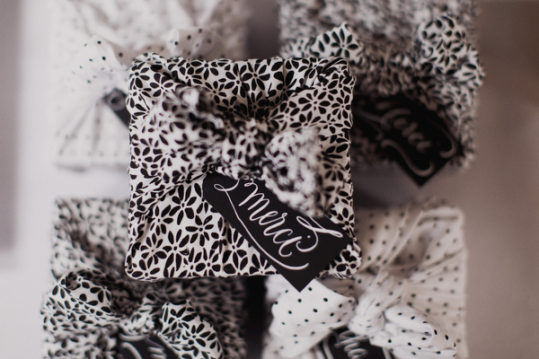 black and white fabric wrapped favors