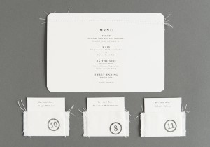 stitched wedding menu and escort cards