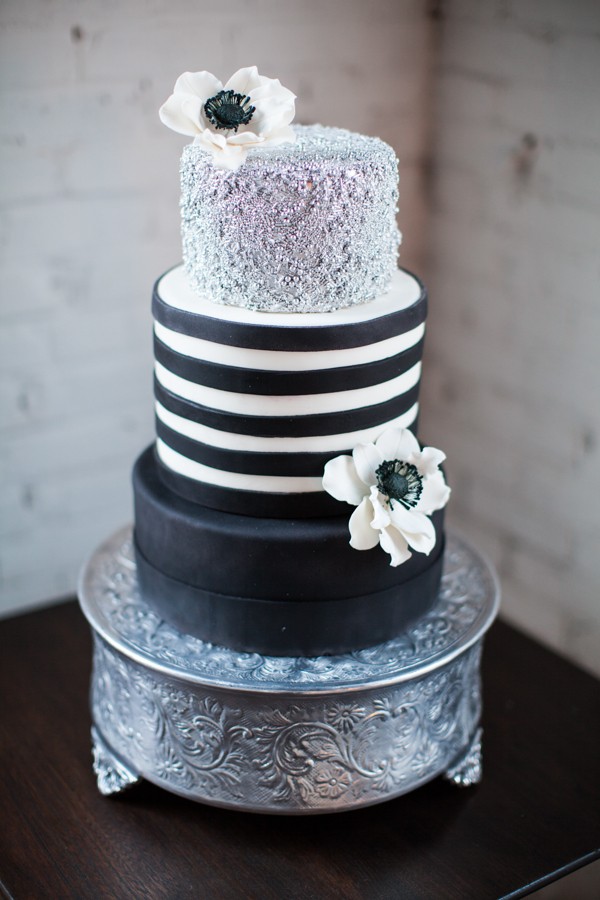 black white and silver wedding cake