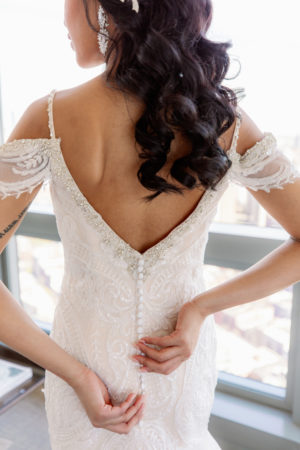 Cold Shoulder Lace Beaded Wedding Gown