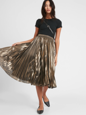 8 Metallic Gold Pleated Midi Skirt