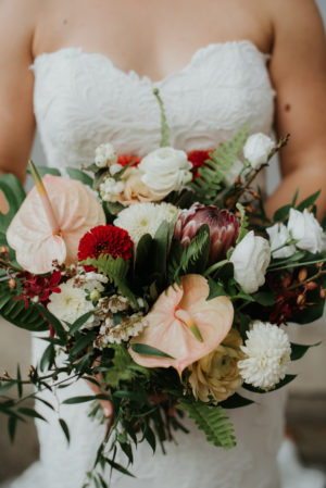 Tropical Peach Anthurium Ranunculus Dahlia WEdding Bouquet